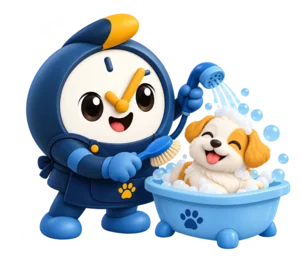 O mascote do Hora Combinada atendendo em banho e tosa