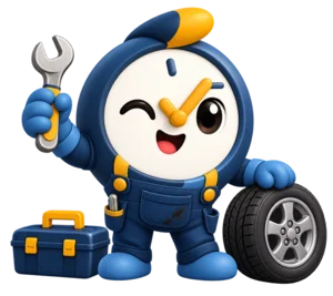 O mascote do Hora Combinada atendendo em oficina mecânica