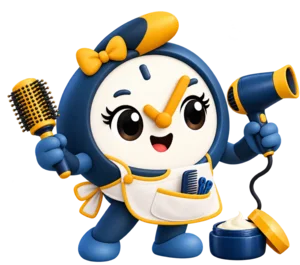 O mascote do Hora Combinada atendendo em salão de beleza