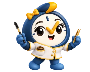O mascote do Hora Combinada atendendo em sobrancelha e cílios